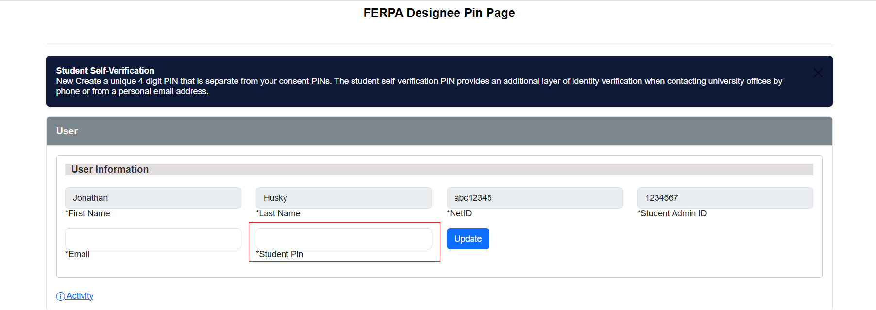 FERPA Manager student PIN field. Select to open a larger view.